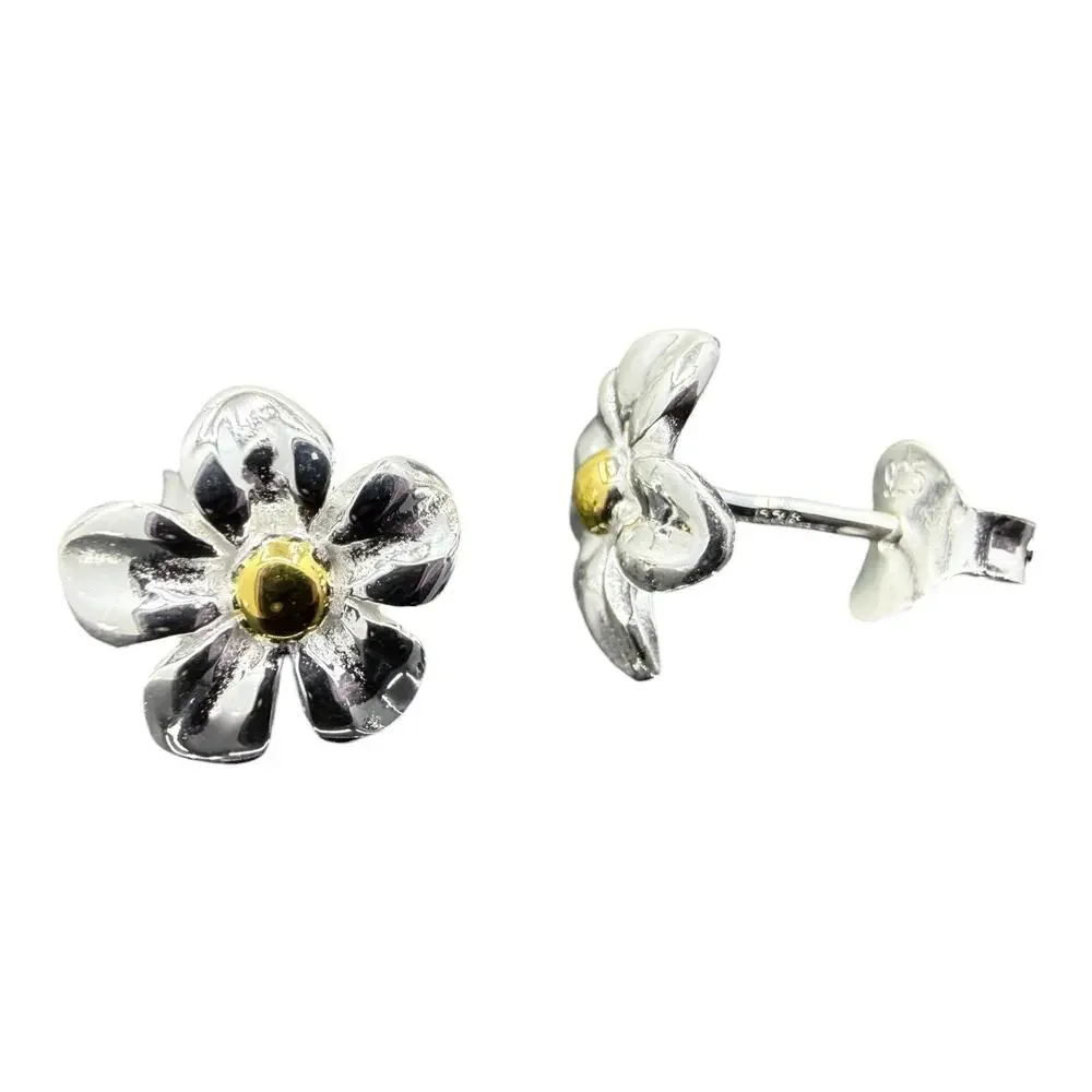 Daisy Stud Earrings 925 Sterling Silver Small Flowers Brass Accents